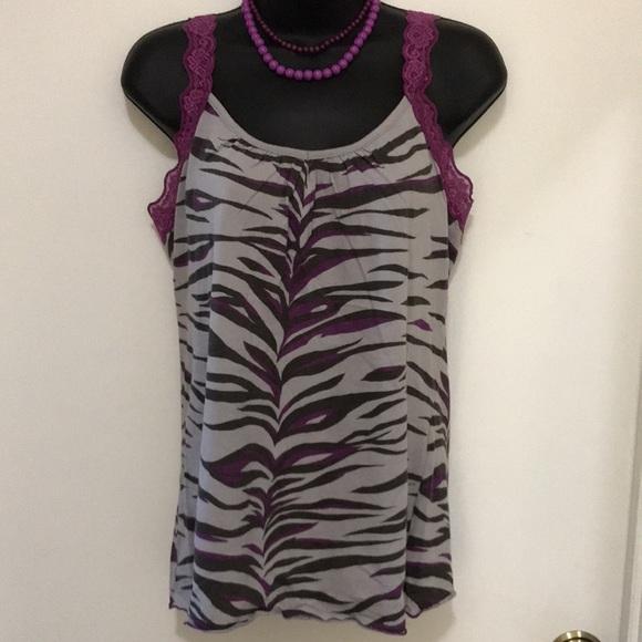 Grey and Purple Zebra Print Tank with Lace Straps - Women’s Large - Picture 2 of 5